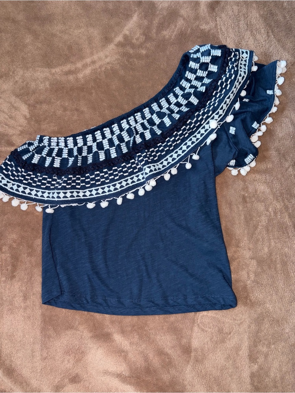 Anthropologie Navy and White Off-Shoulder Pom Pom Crop Top